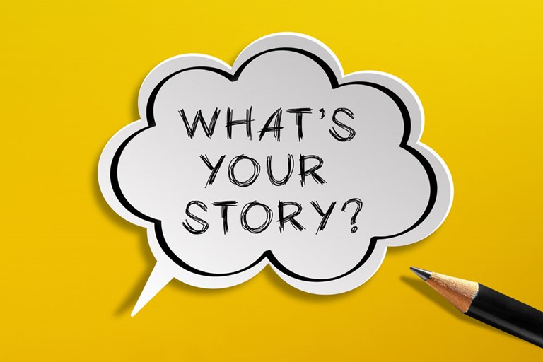 Speech bubble with 'What's your story' and a pencil