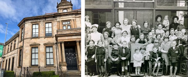 Neo-classical Mary Burgh Halls and archive photo of East Park school pupils and staff